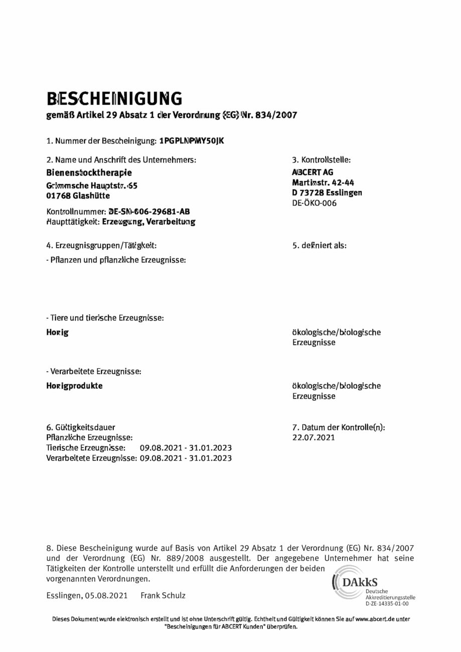 Mehr über den Artikel erfahren Bio Zertifizierung der Bienenstocktherapie erfolgreich